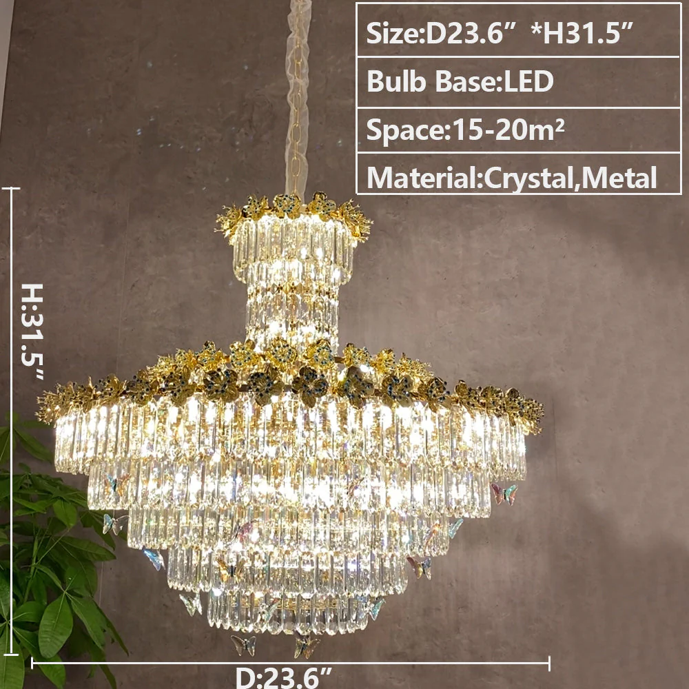 Modern Light Luxury Art Design Butterfly Multi-tiered Round Crystal Chandelier with Golden Flowers for Living Room/Staircase/Foyer - Image 8