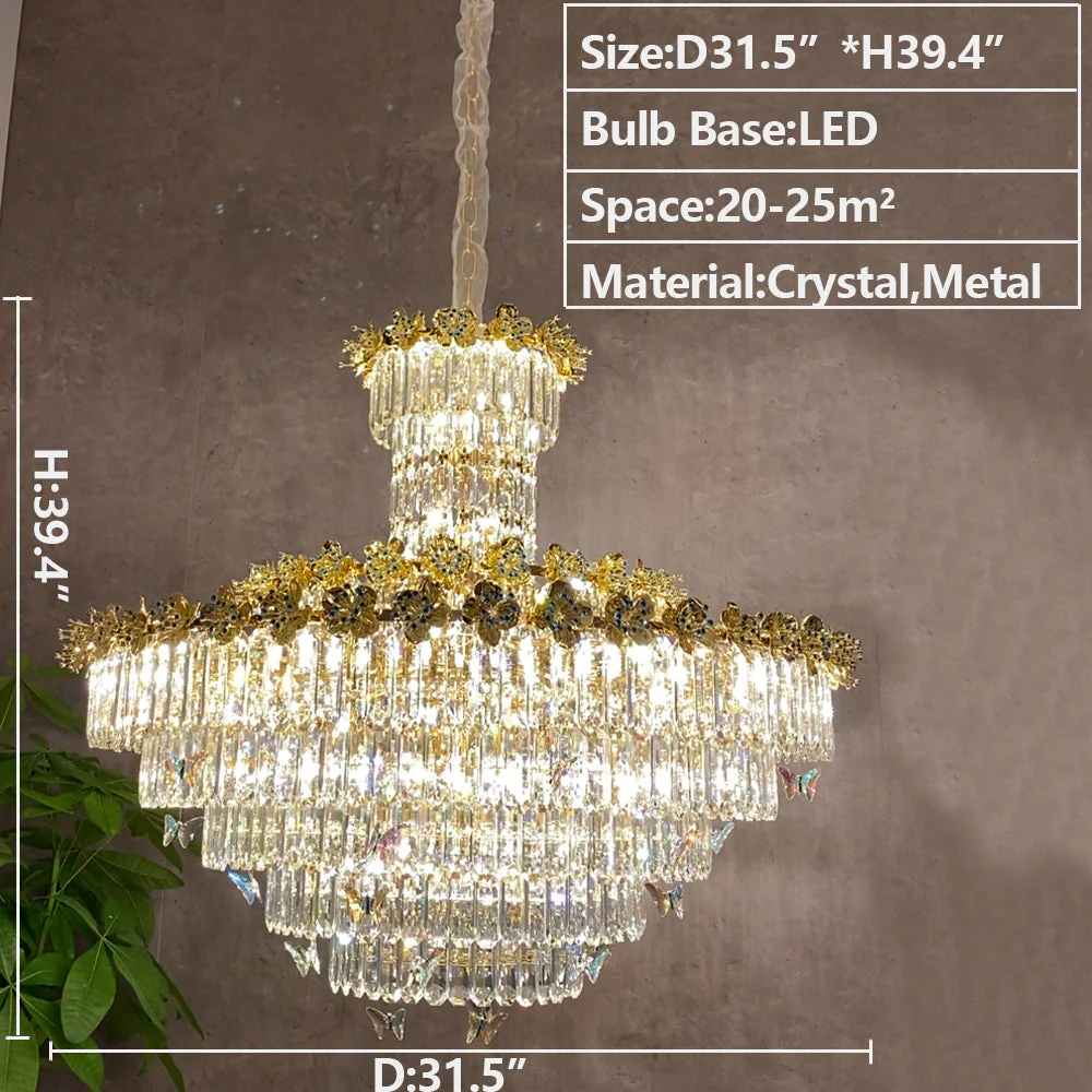 Modern Light Luxury Art Design Butterfly Multi-tiered Round Crystal Chandelier with Golden Flowers for Living Room/Staircase/Foyer - Image 9