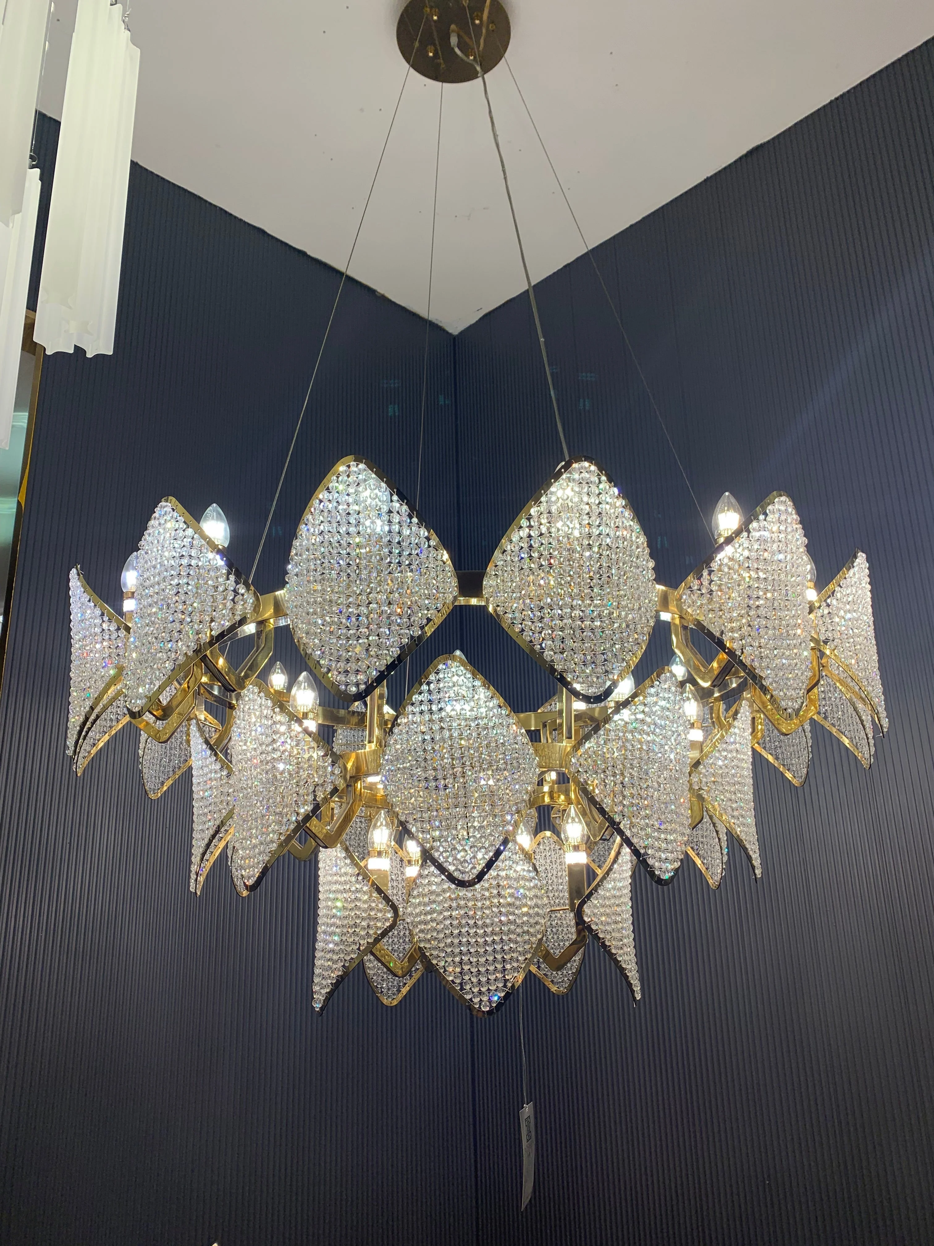 Modern Luxury 3-Tier Crystal Beads Knitmesh Chandelier in Champagne Gold Finish for Living Room - Image 2