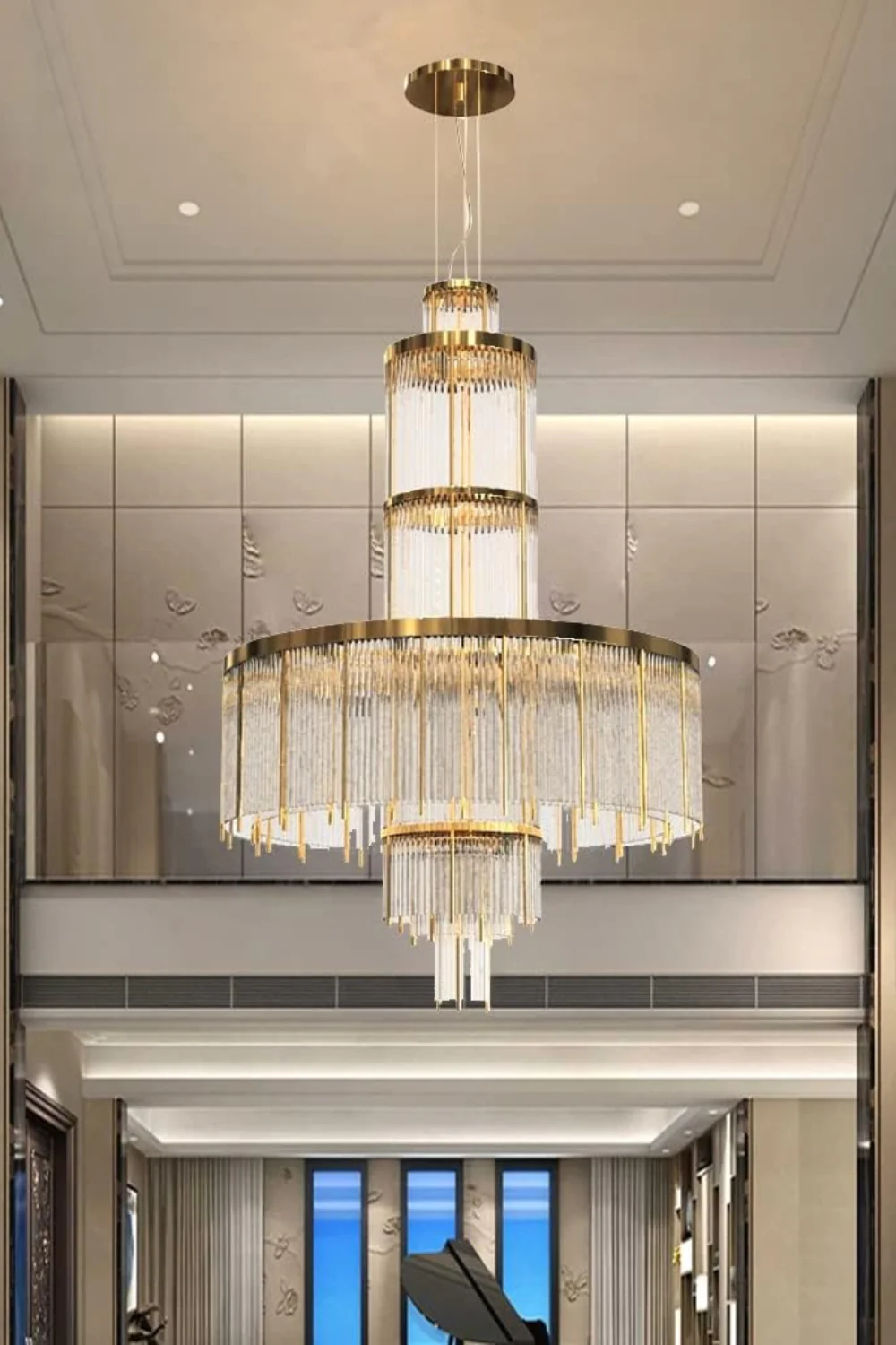 Modern Multi-layered Glass&Metal Rods Chandelier for High-ceiling - Image 2