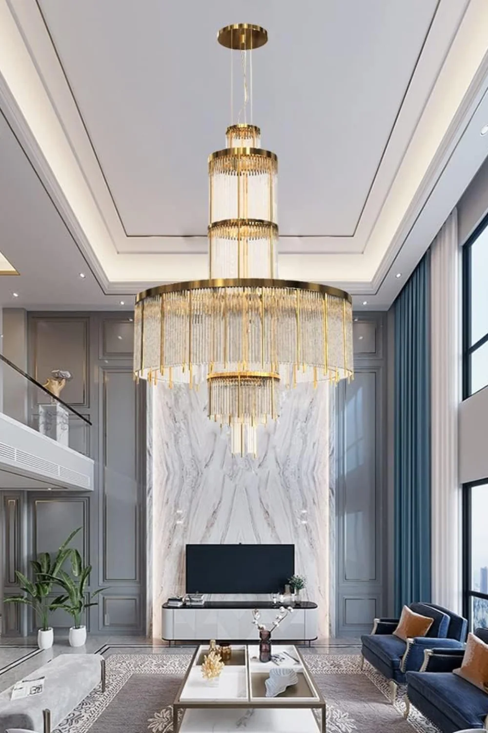 Modern Multi-layered Glass&Metal Rods Chandelier for High-ceiling - Image 3