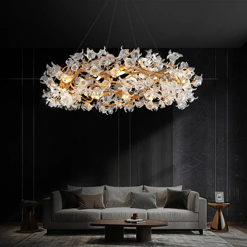 Modern Petal Crystal Round Brass Branch Chandelier - Image 2