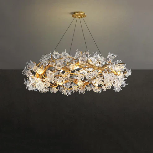 Modern Petal Crystal Round Brass Branch Chandelier - Image 3
