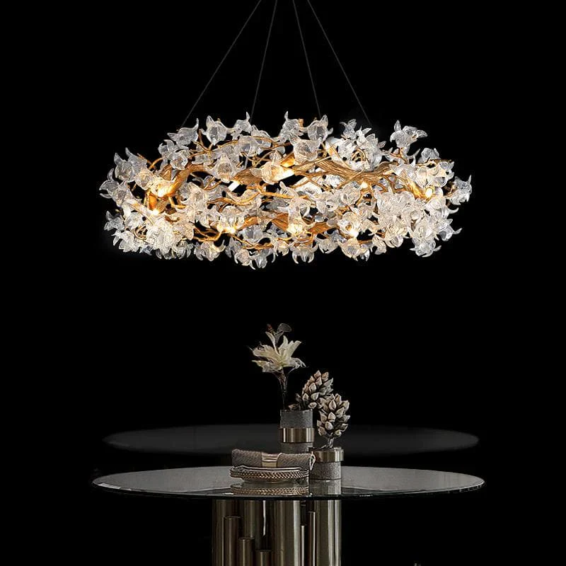 Modern Petal Crystal Round Brass Branch Chandelier - Image 4