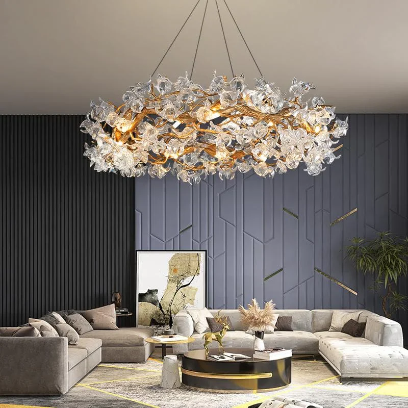 Modern Petal Crystal Round Brass Branch Chandelier - Image 5
