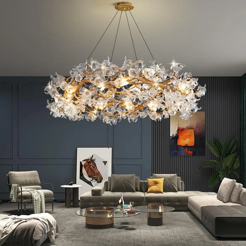 Modern Petal Crystal Round Brass Branch Chandelier - Image 7