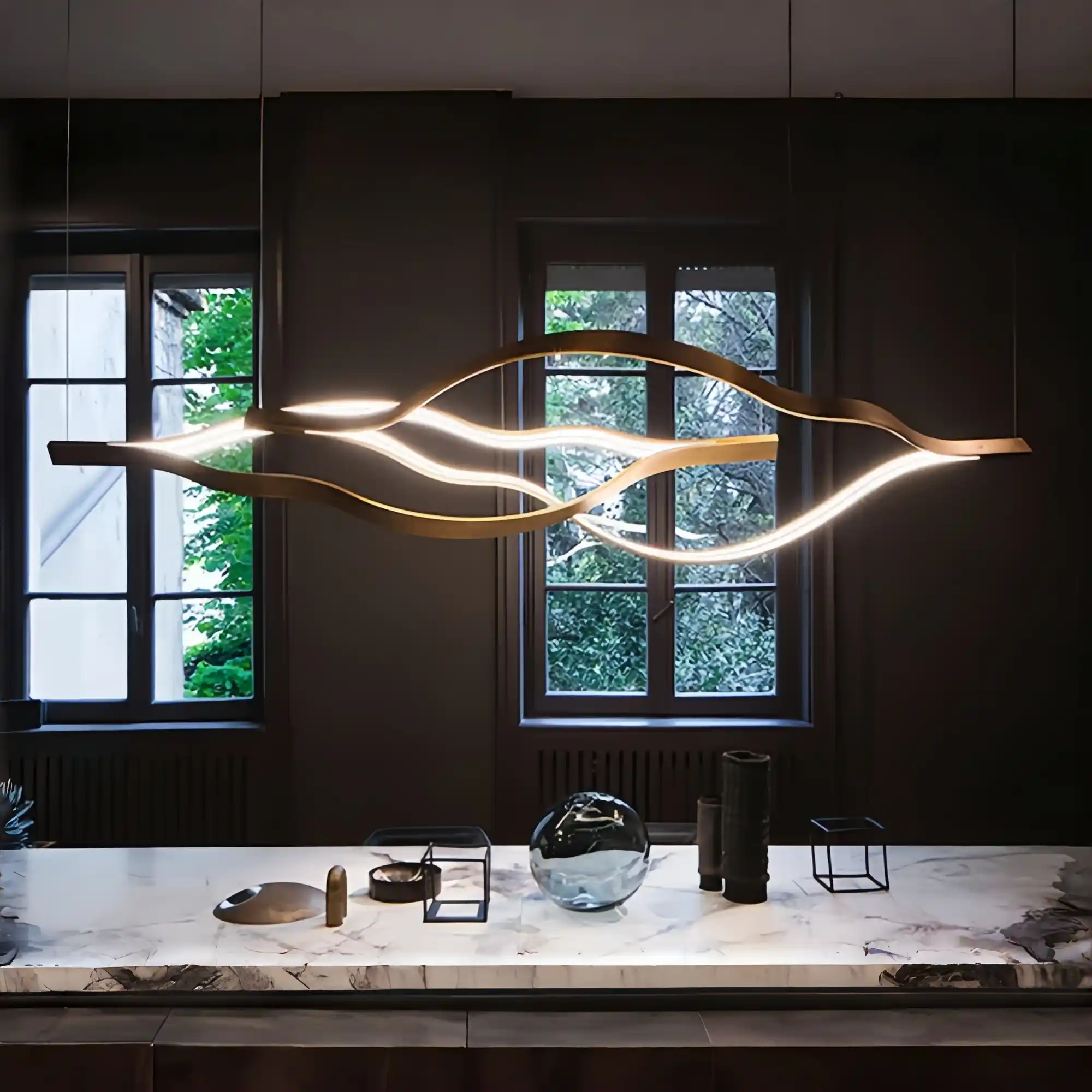 Modern Simple Brass Waving Chandelier for Living/Dining Room/Kitchen Island - Image 6