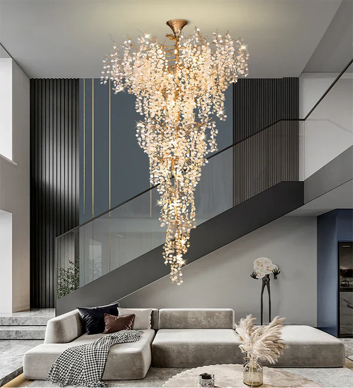 Modern Unique Artistic Flower Brass Branch Semi-flush Mount Chandelier for Living Room/ Hallway/ Entryway/ Staircase - Image 6