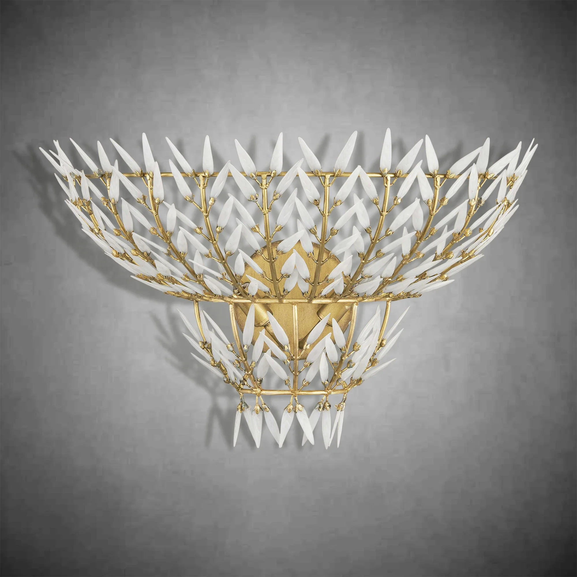 Morrigan Brass Arc Wall Sconce with White Glass Leaves - Image 2