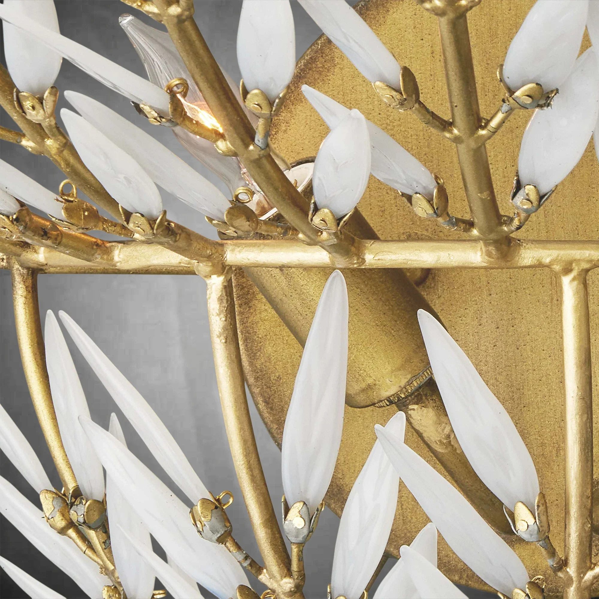 Morrigan Brass Arc Wall Sconce with White Glass Leaves - Image 3