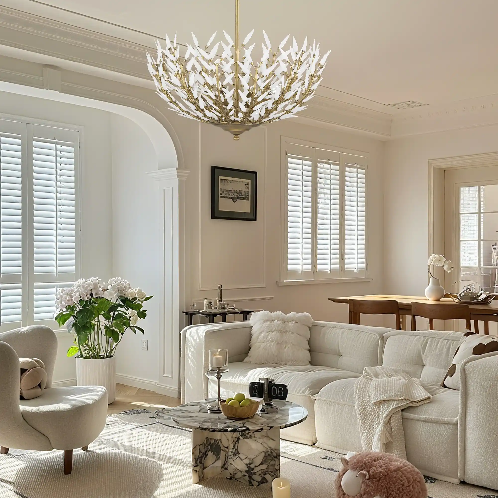 Morrigan Flushmount Brass & White Glass Ceiling Chandelier - Image 4