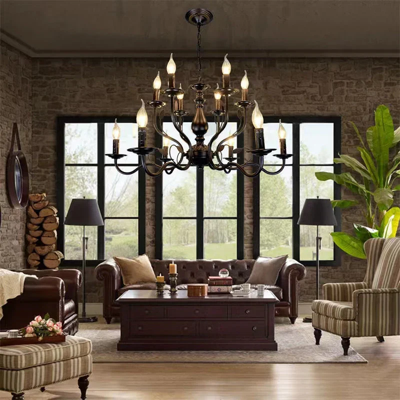 Multi Layer Iron Chandelier with Electronic Candles in Vintage Country Style for Living Room Cafe and Study - Image 2