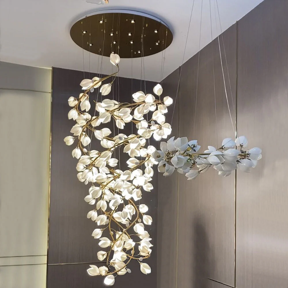 Spiral Pure White Magnolia Chandelier with Golden Branches for Staircase/High-ceiling Space/Foyer/ Duplex - Image 2