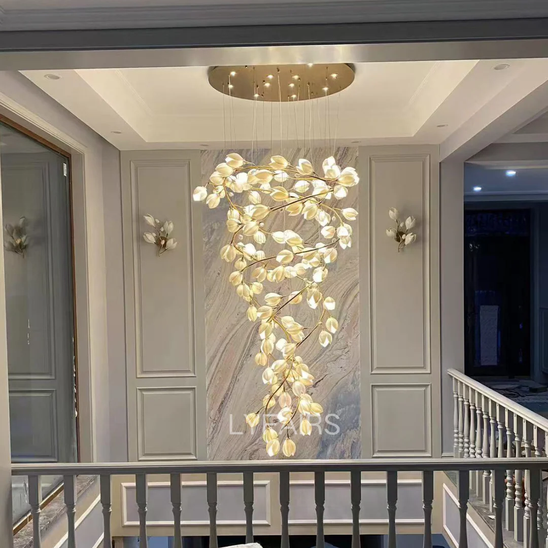 Spiral Pure White Magnolia Chandelier with Golden Branches for Staircase/High-ceiling Space/Foyer/ Duplex - Image 3
