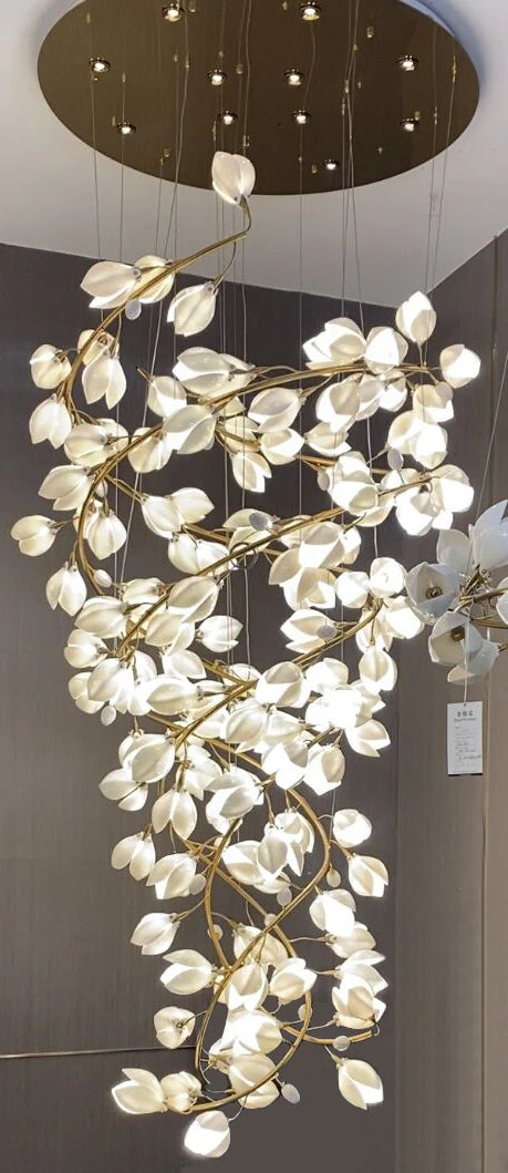 Spiral Pure White Magnolia Chandelier with Golden Branches for Staircase/High-ceiling Space/Foyer/ Duplex - Image 4