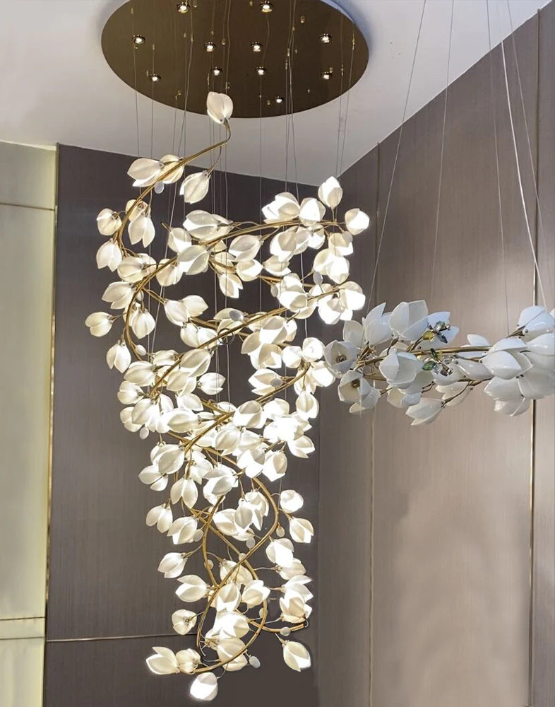 Spiral Pure White Magnolia Chandelier with Golden Branches for Staircase/High-ceiling Space/Foyer/ Duplex - Image 5