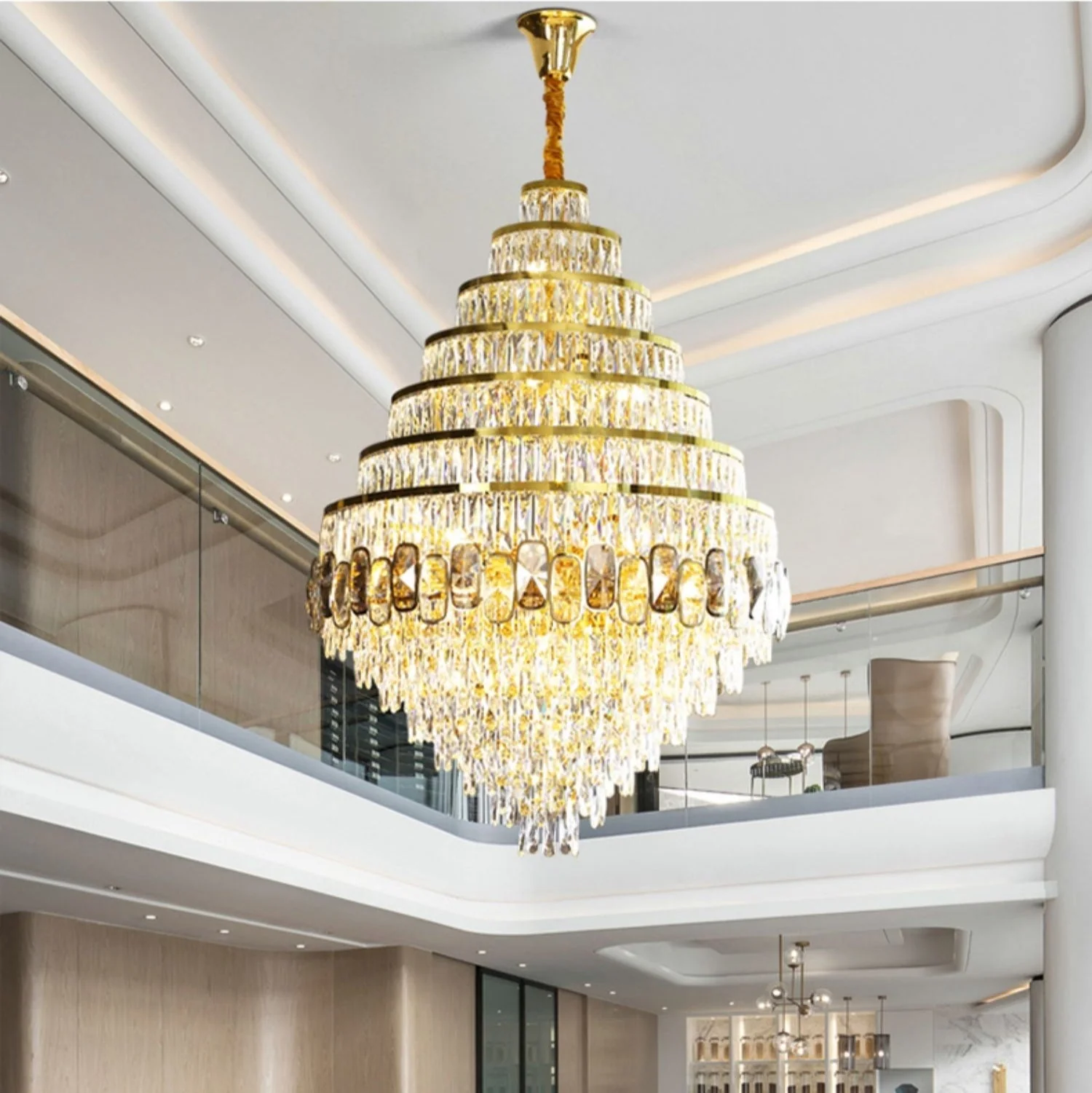 Honeycomb Shaped Ceiling Chandelier Extra Large Crystal Light Fixture For Foyer Staircase/ Entryway In Gold Finish - Image 2