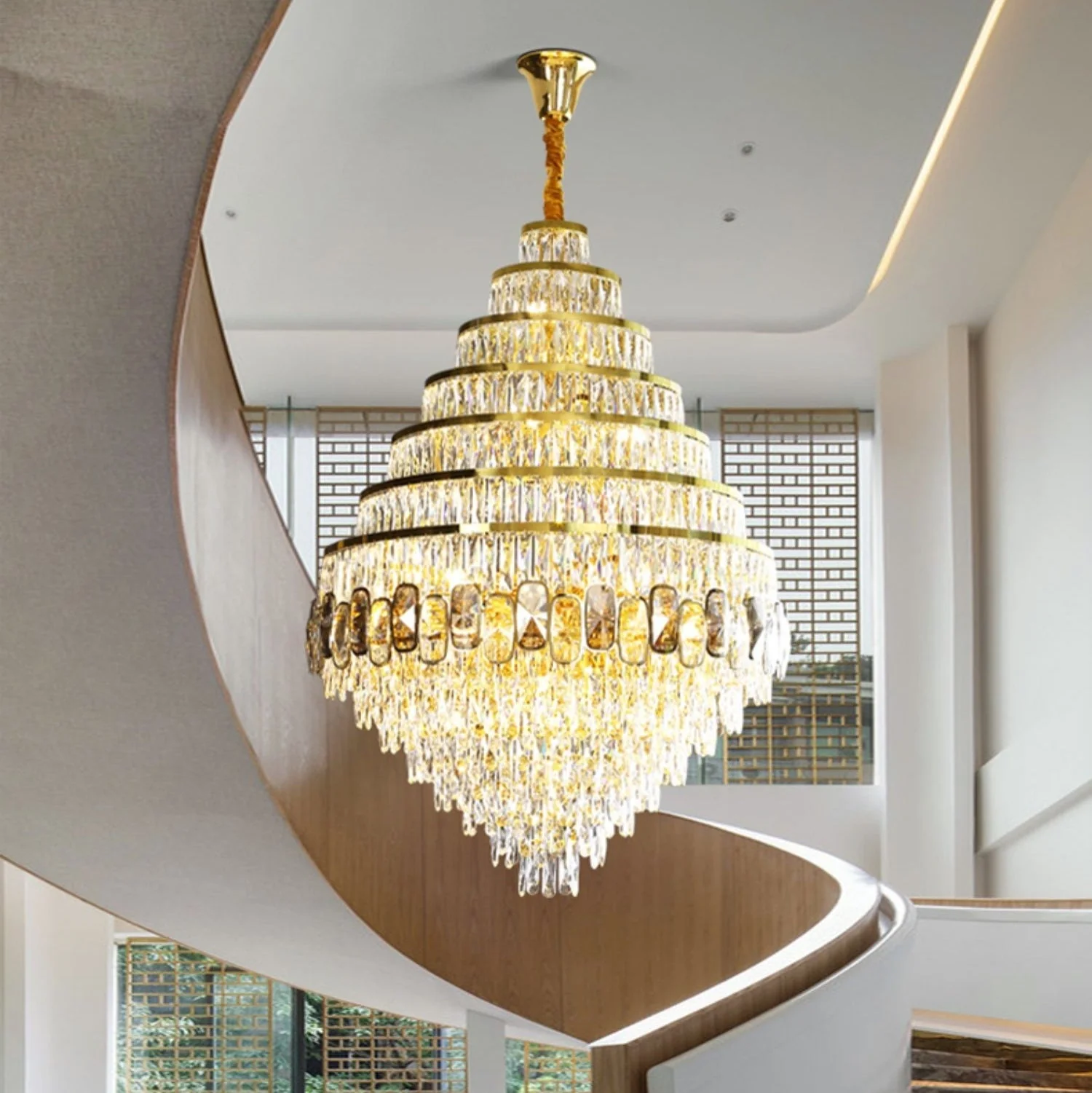 Honeycomb Shaped Ceiling Chandelier Extra Large Crystal Light Fixture For Foyer Staircase/ Entryway In Gold Finish - Image 3
