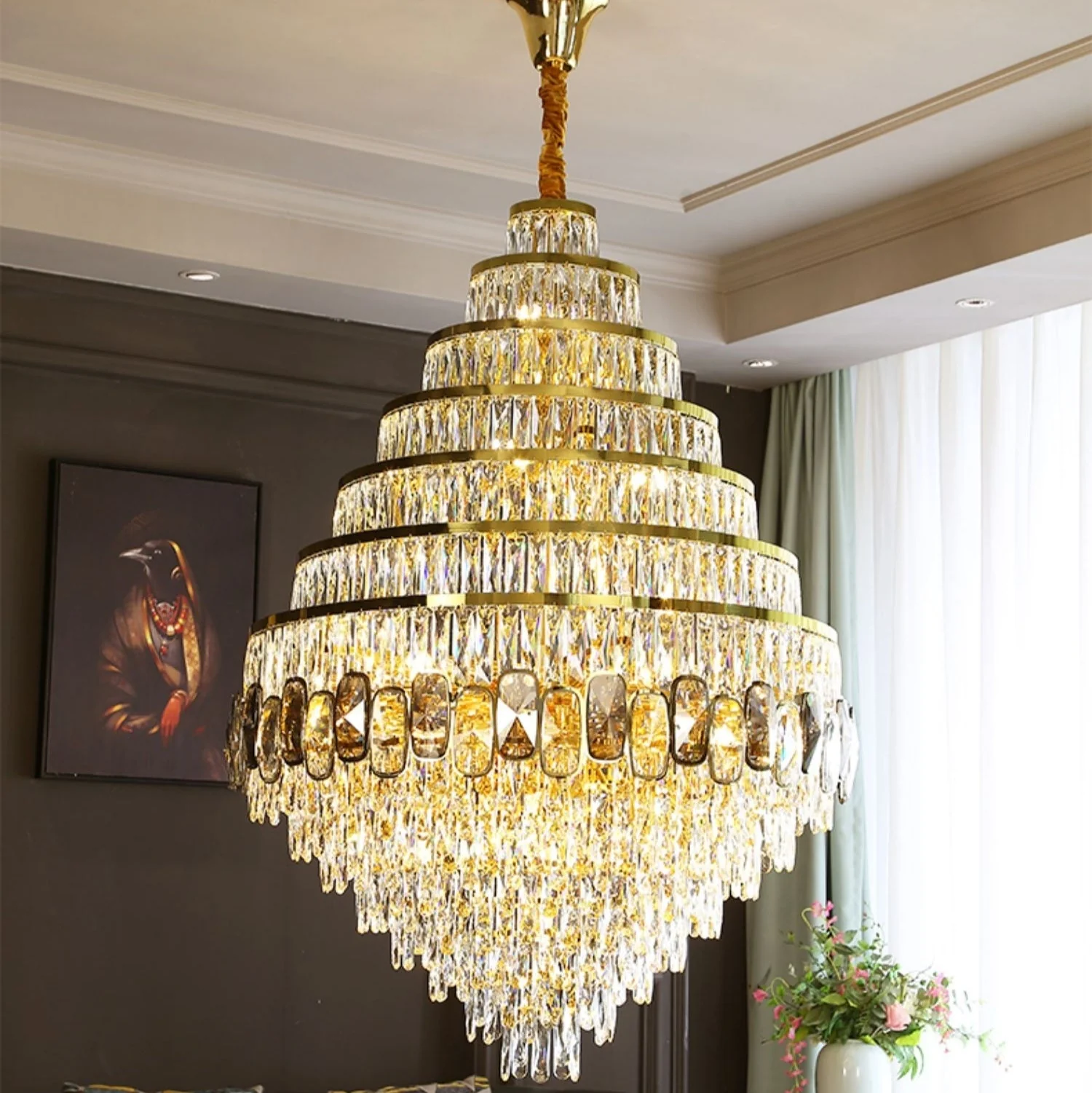 Honeycomb Shaped Ceiling Chandelier Extra Large Crystal Light Fixture For Foyer Staircase/ Entryway In Gold Finish - Image 4