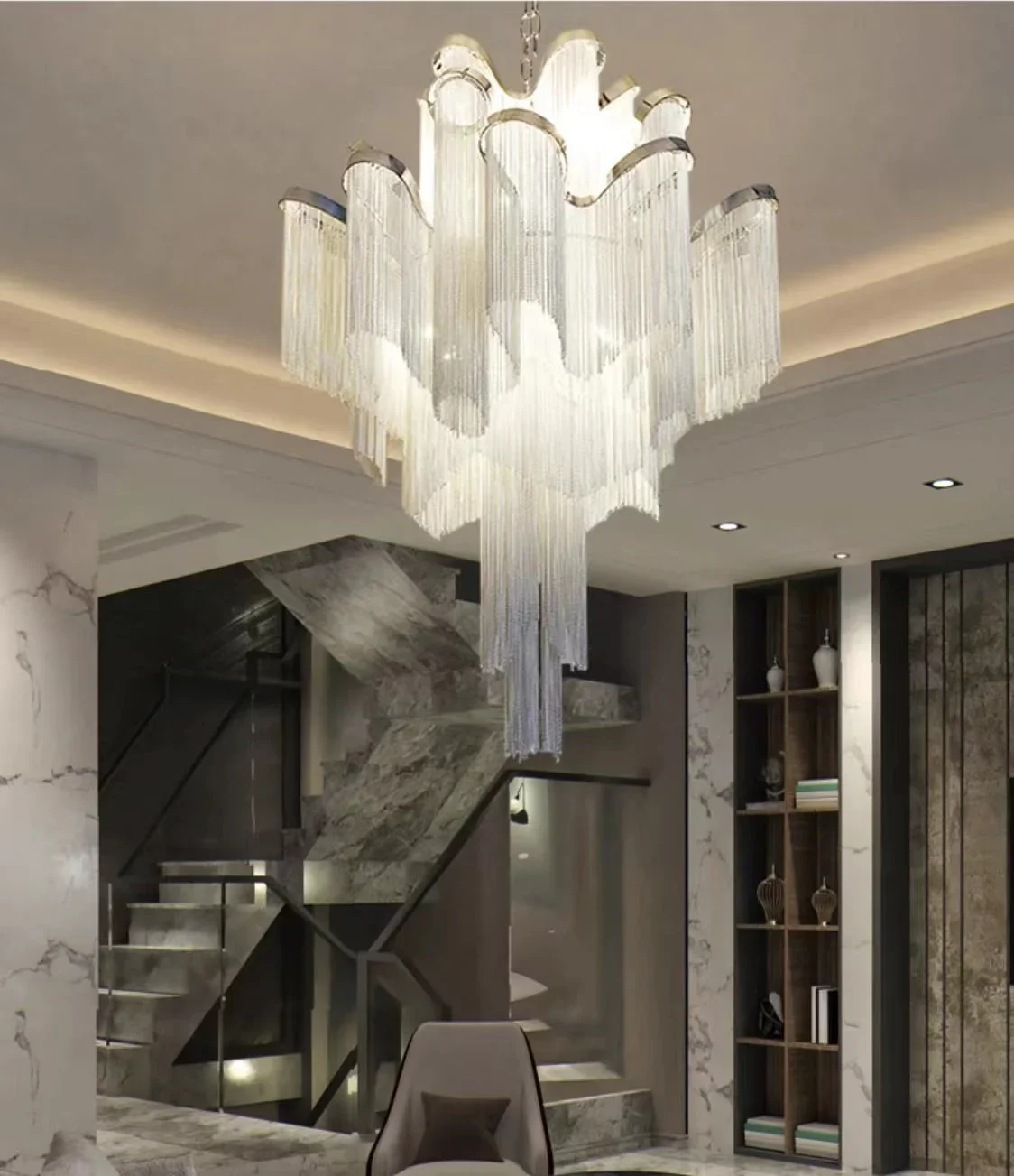 Post-Modern Extra Large Stainless Steel Long Tassel Chandelier for Large Living Room / Staircase / Villa / Duplexes - Image 7