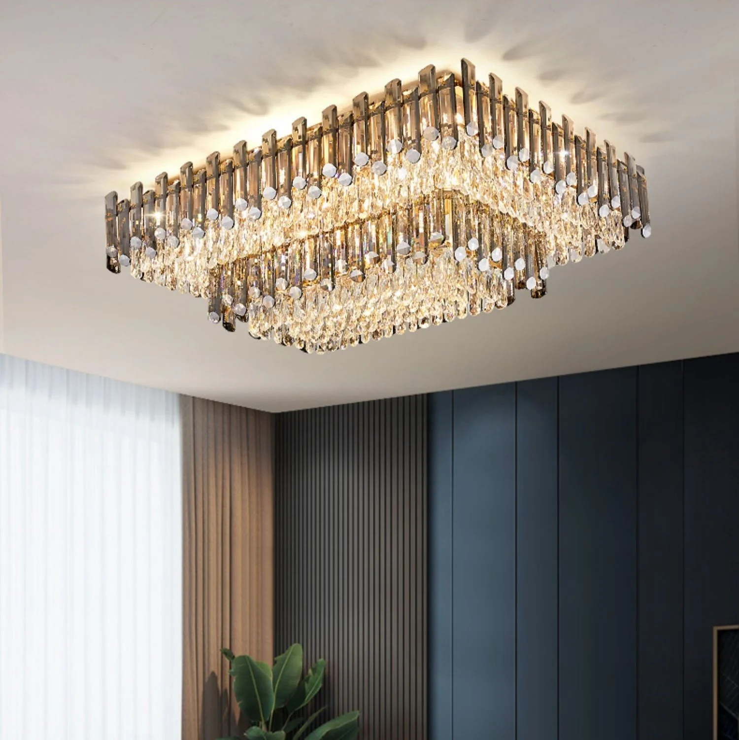 Rectangle Flush Mounted Living Room Chandelier Crystal Ceiling Light Fixture For Long Dining Table - Image 4