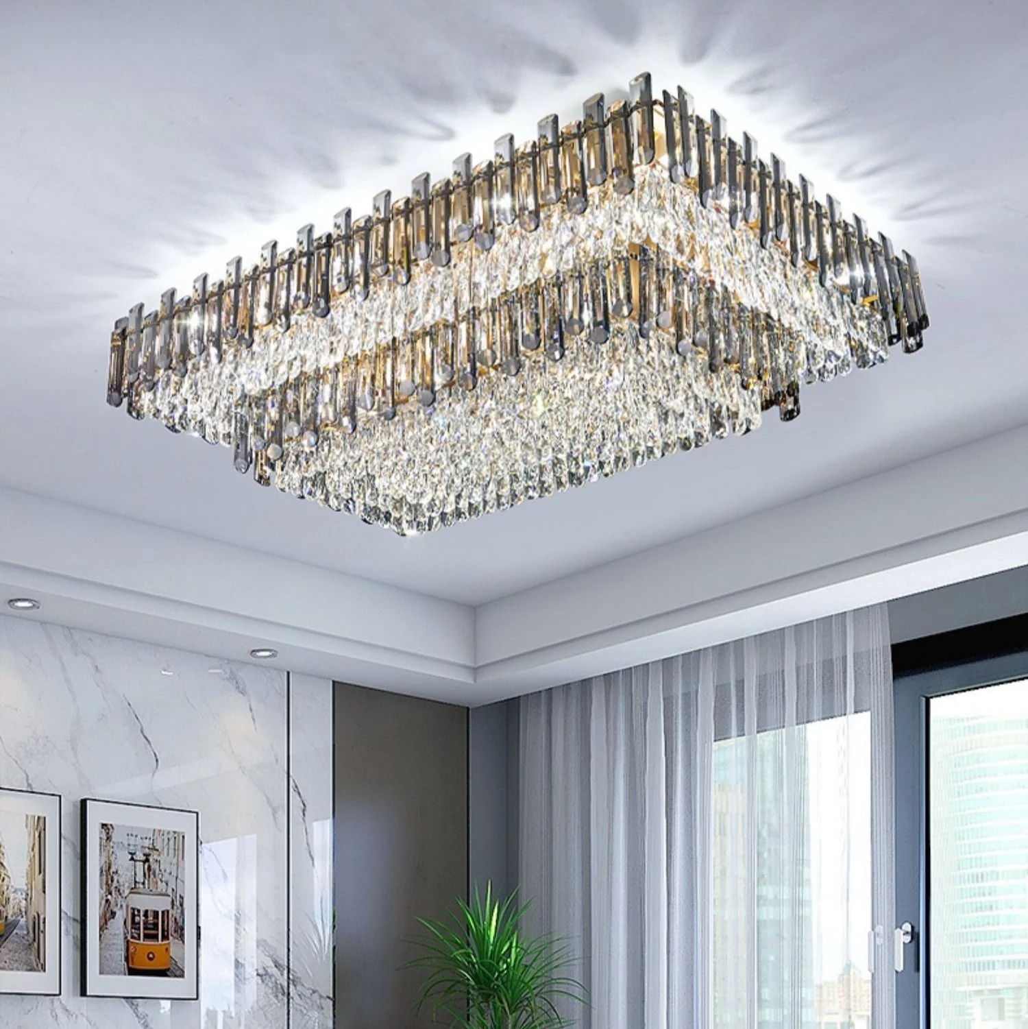 Rectangle Flush Mounted Living Room Chandelier Crystal Ceiling Light Fixture For Long Dining Table - Image 5