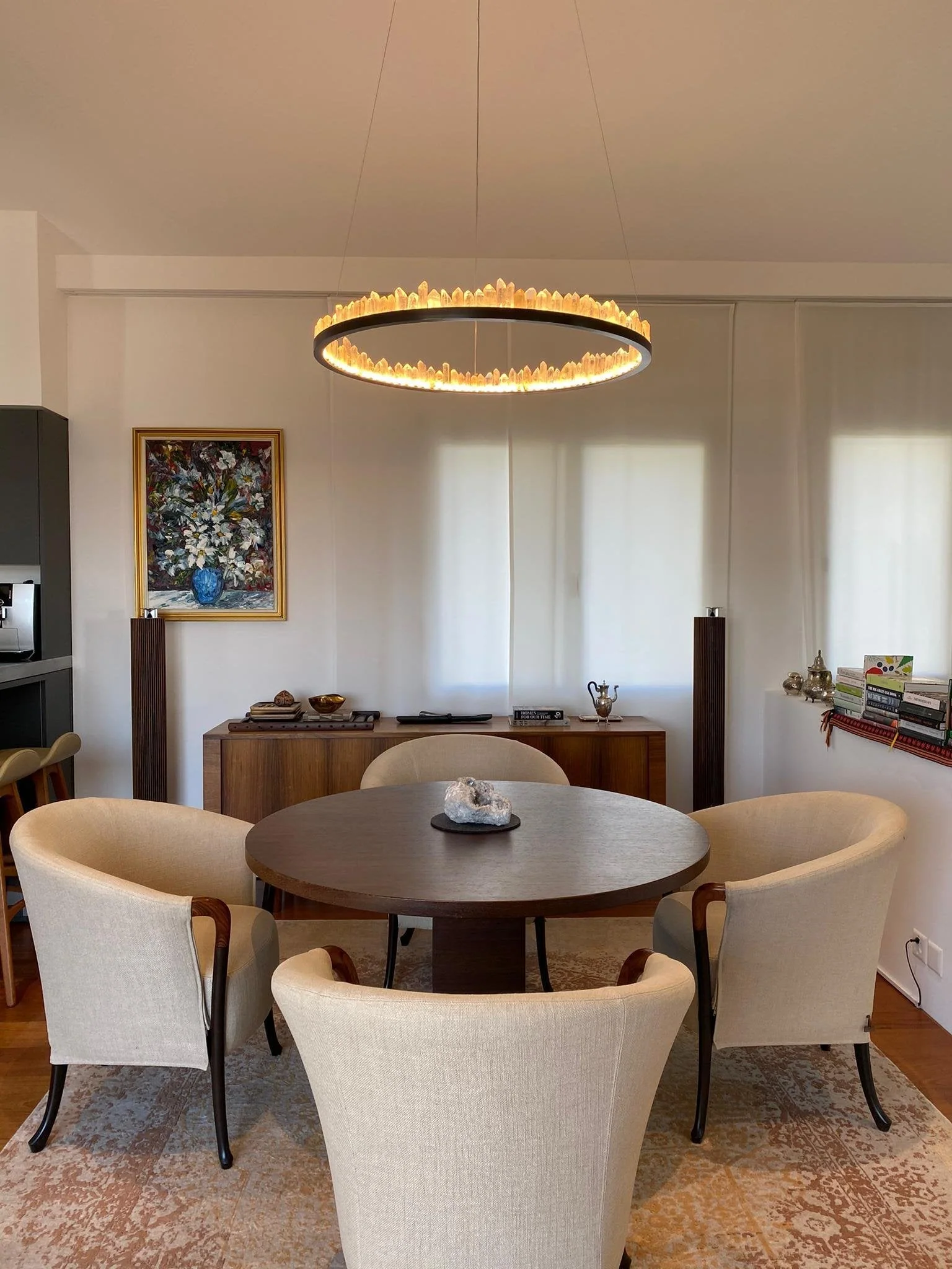 Modern Style Rings Brass & Natural Quartz Crystal Chandelier in Brass/Black Finish - Image 10