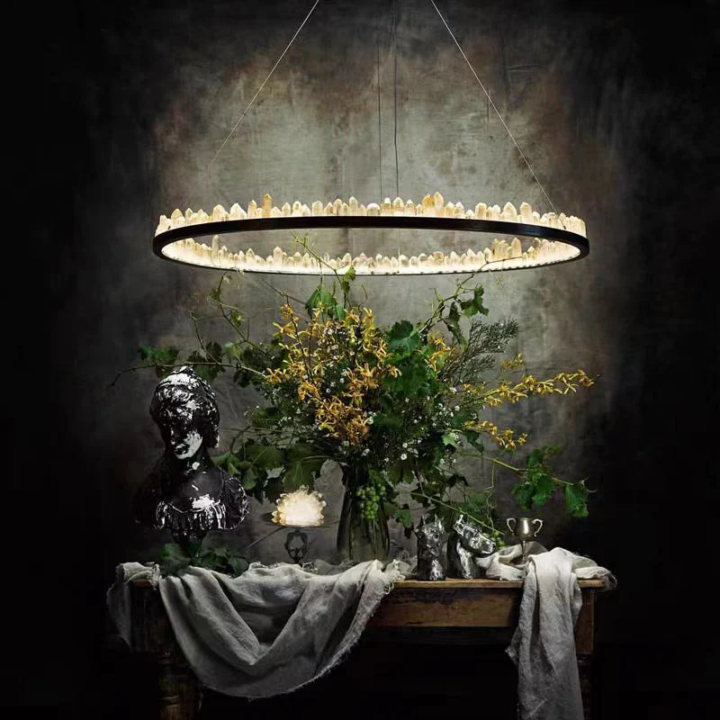 Modern Style Rings Brass & Natural Quartz Crystal Chandelier in Brass/Black Finish - Image 2