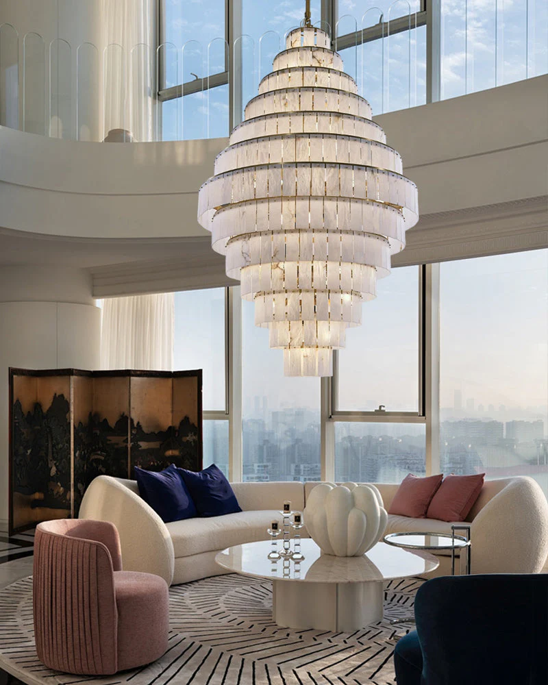 Stairwell Luxury Modern LED High Ceiling Large Alabaster Chandelier - Image 7