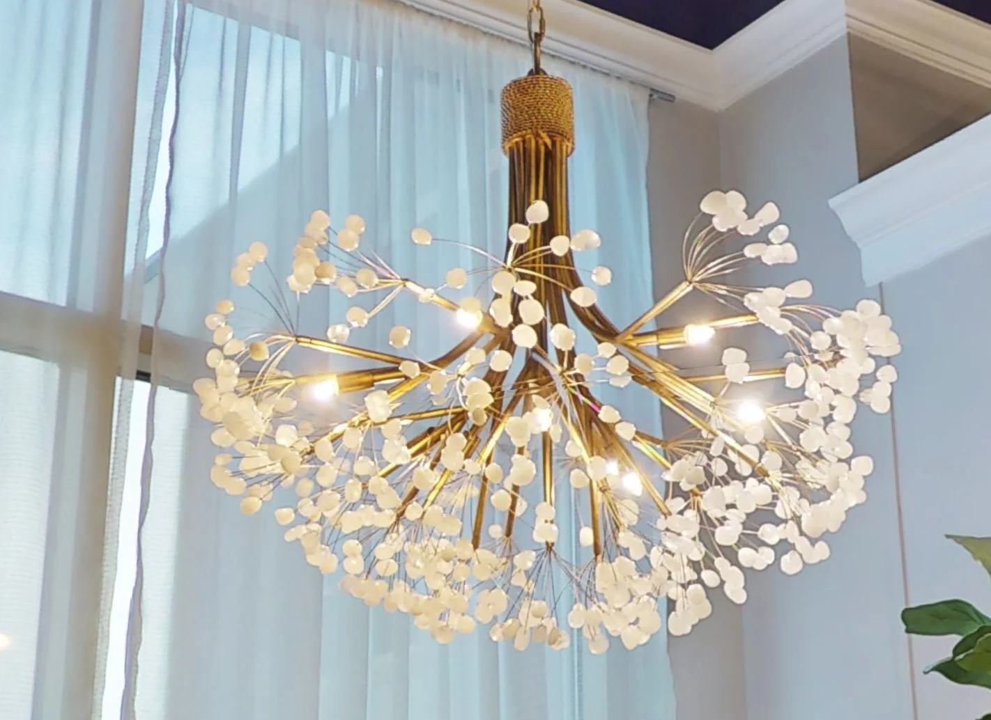 Stone Quartz Nine-Light Chandelier, Gold Leaf Finish with Natural Crystals, G9 Bulbs - Image 3