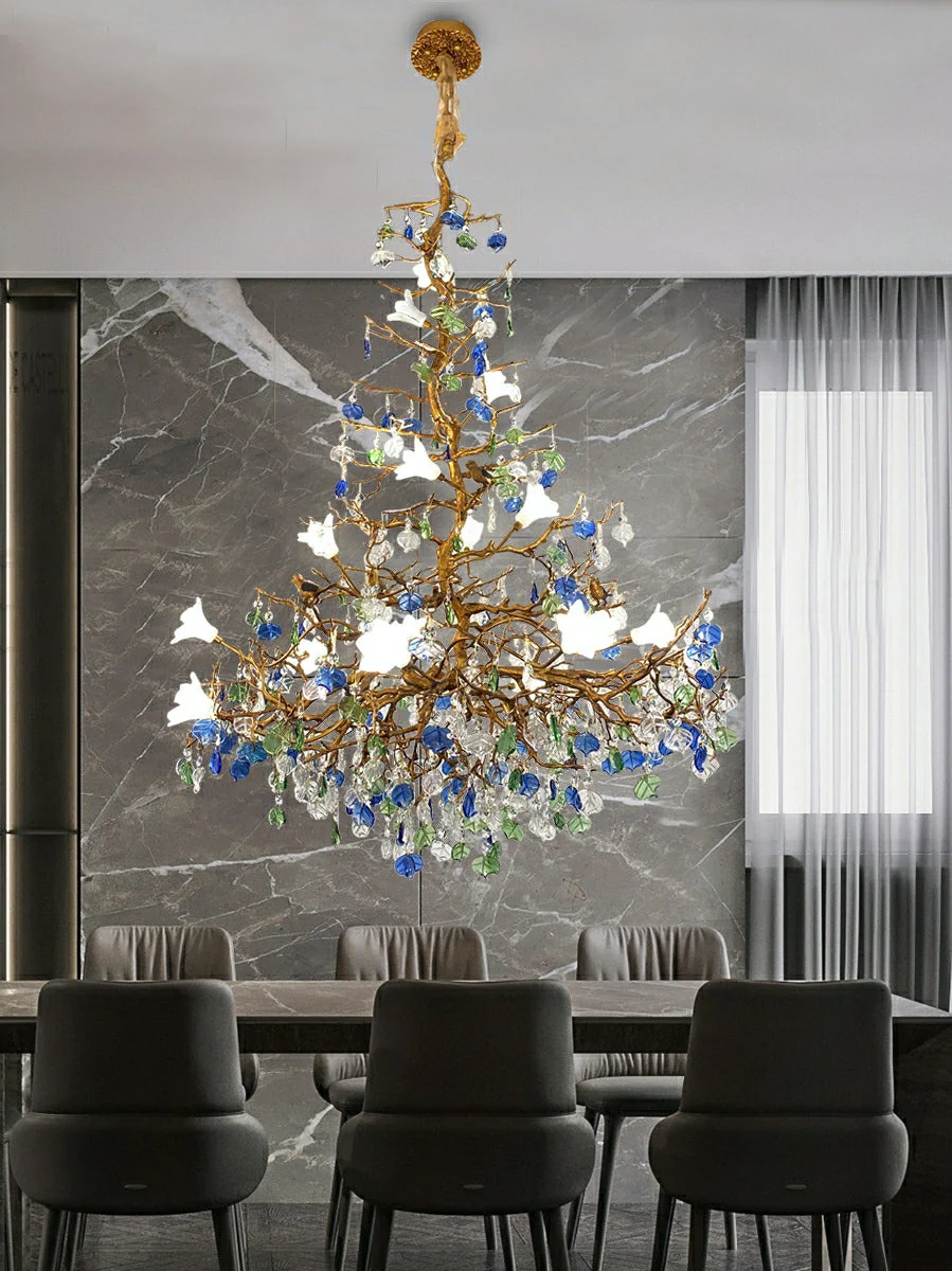 Stylish Colored Glaze Flower Crystal Chandelier Brass Tree Branch Ceiling Light For Living Room Hotel Hall - Image 10