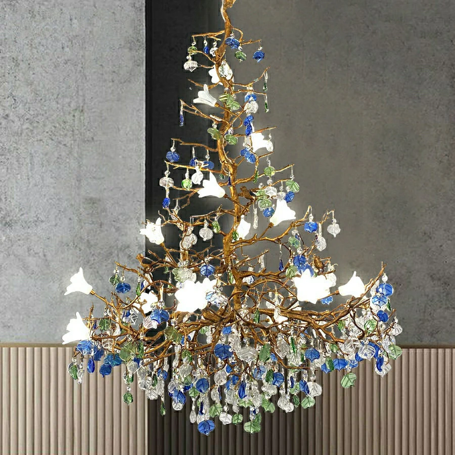 Stylish Colored Glaze Flower Crystal Chandelier Brass Tree Branch Ceiling Light For Living Room Hotel Hall - Image 2