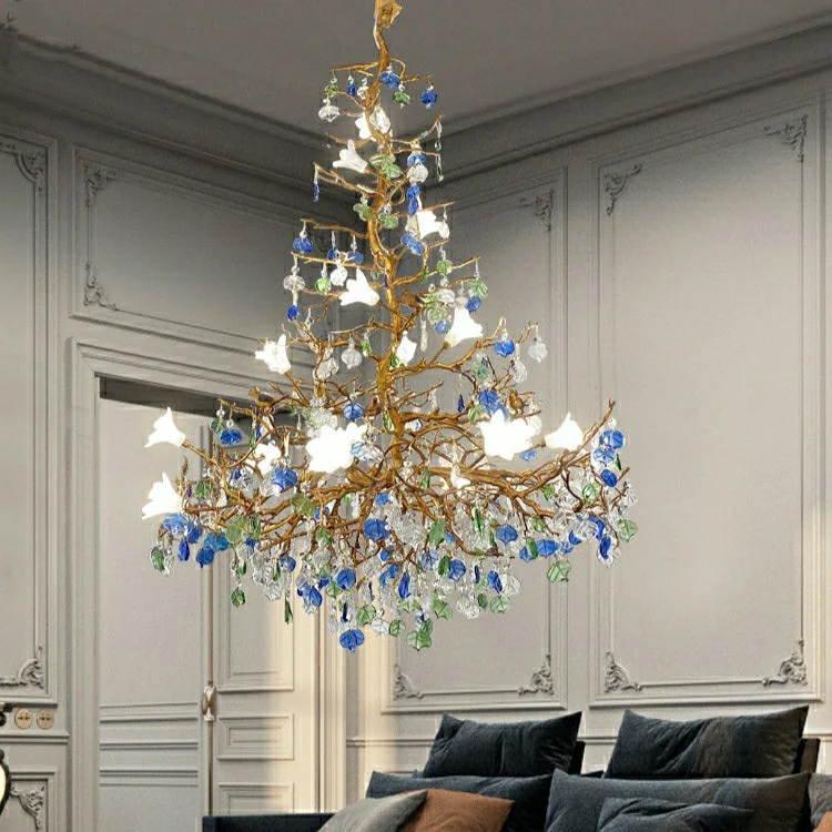 Stylish Colored Glaze Flower Crystal Chandelier Brass Tree Branch Ceiling Light For Living Room Hotel Hall - Image 3