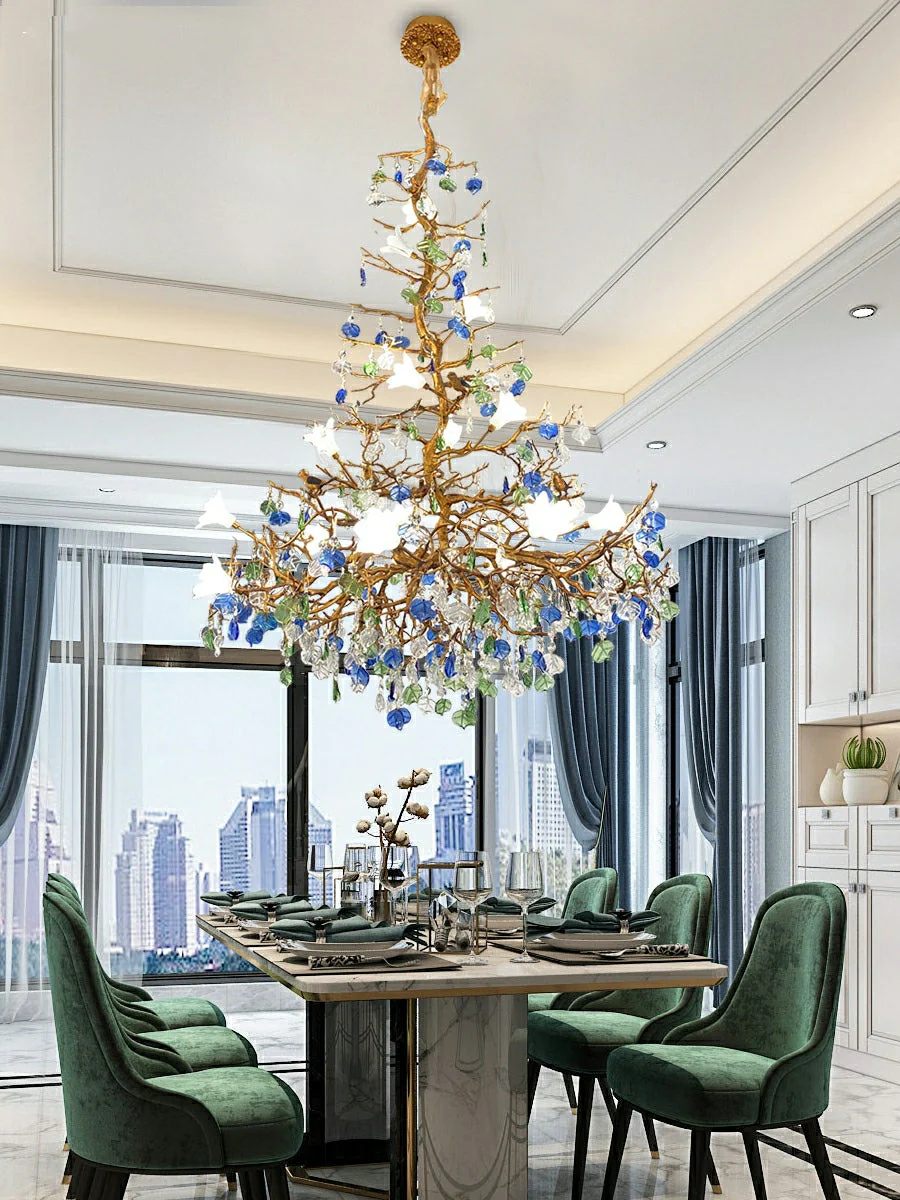 Stylish Colored Glaze Flower Crystal Chandelier Brass Tree Branch Ceiling Light For Living Room Hotel Hall - Image 9