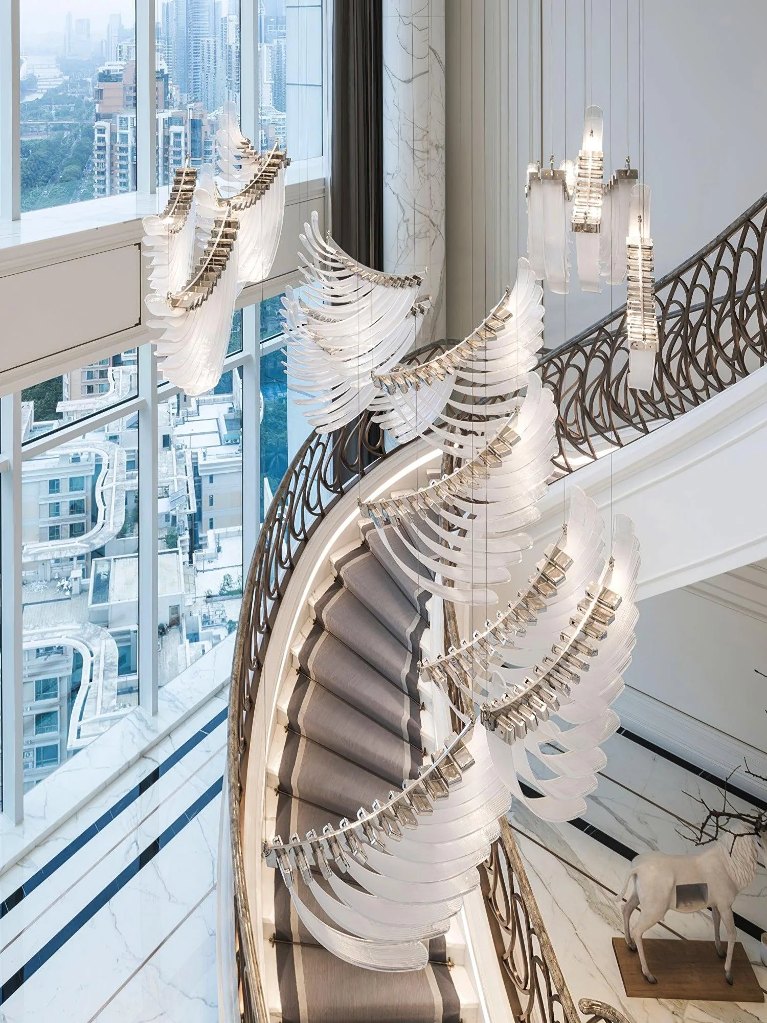 Tiered Palmette Glass Long Designer Pendant Chandelier - Image 7