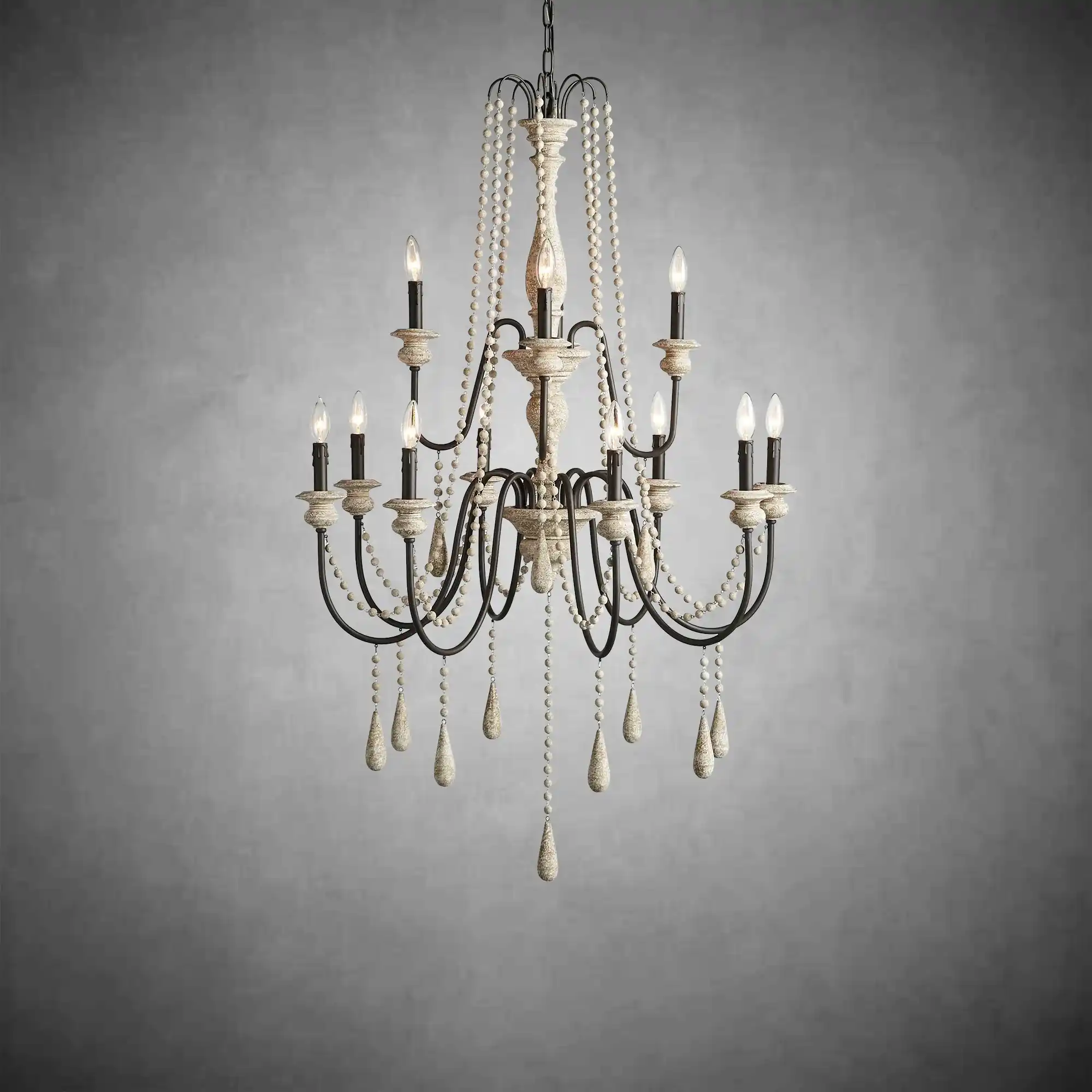 Vivienne Rustic Iron Hand-Painted Wood Bead Chandelier Elegant Lighting - Image 2