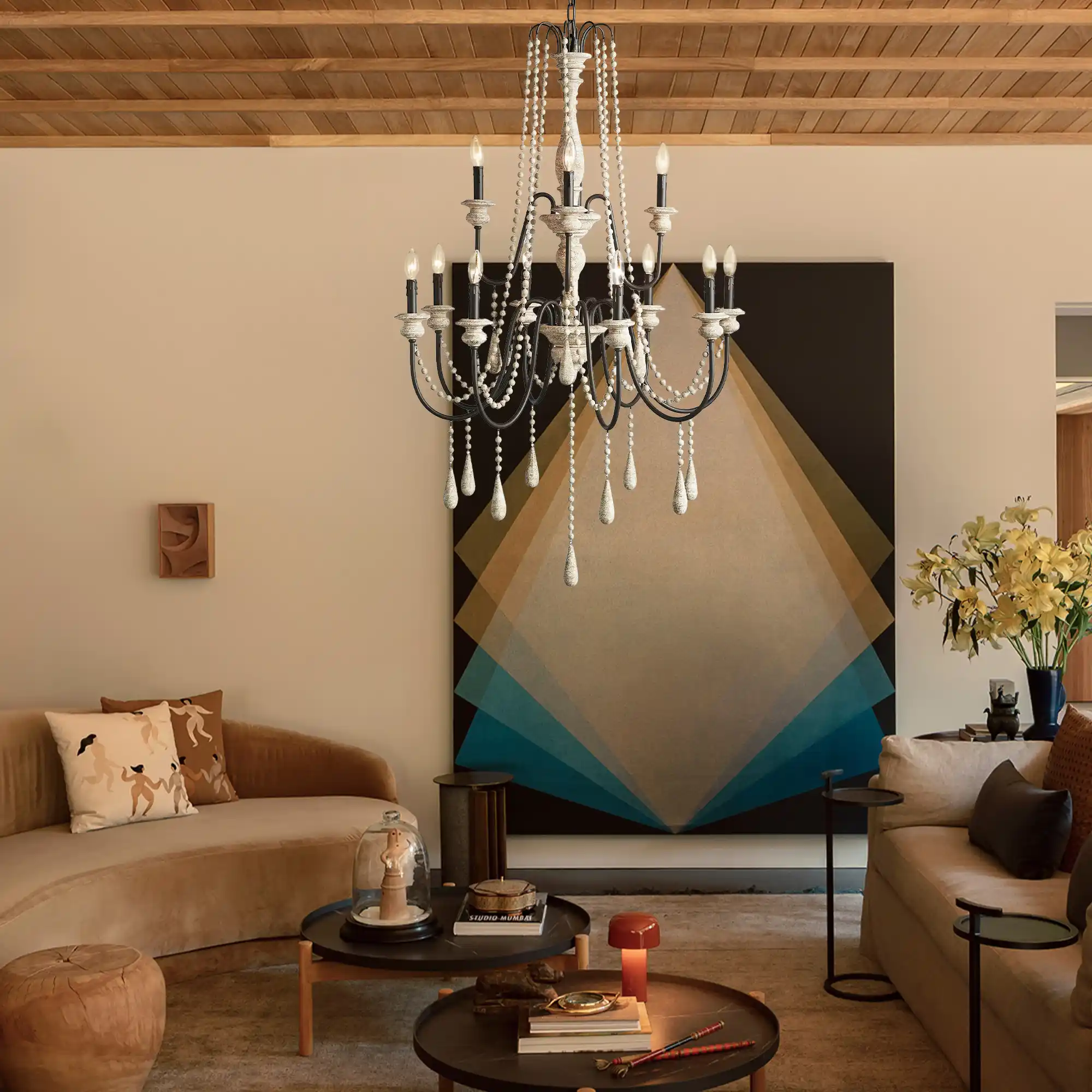 Vivienne Rustic Iron Hand-Painted Wood Bead Chandelier Elegant Lighting - Image 3