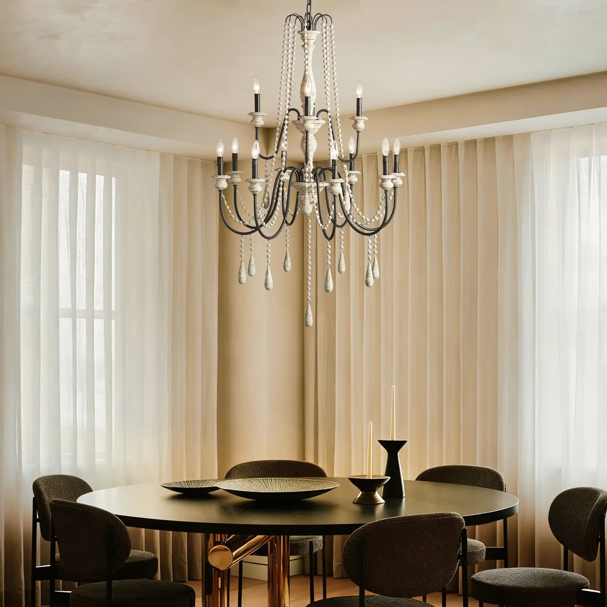 Vivienne Rustic Iron Hand-Painted Wood Bead Chandelier Elegant Lighting - Image 4