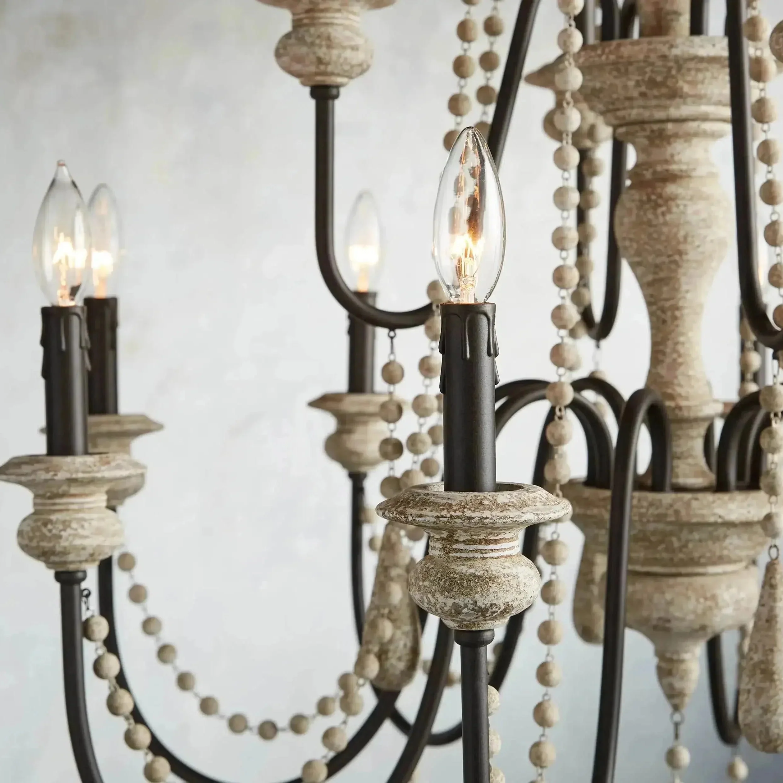 Vivienne Rustic Iron Hand-Painted Wood Bead Chandelier Elegant Lighting - Image 5