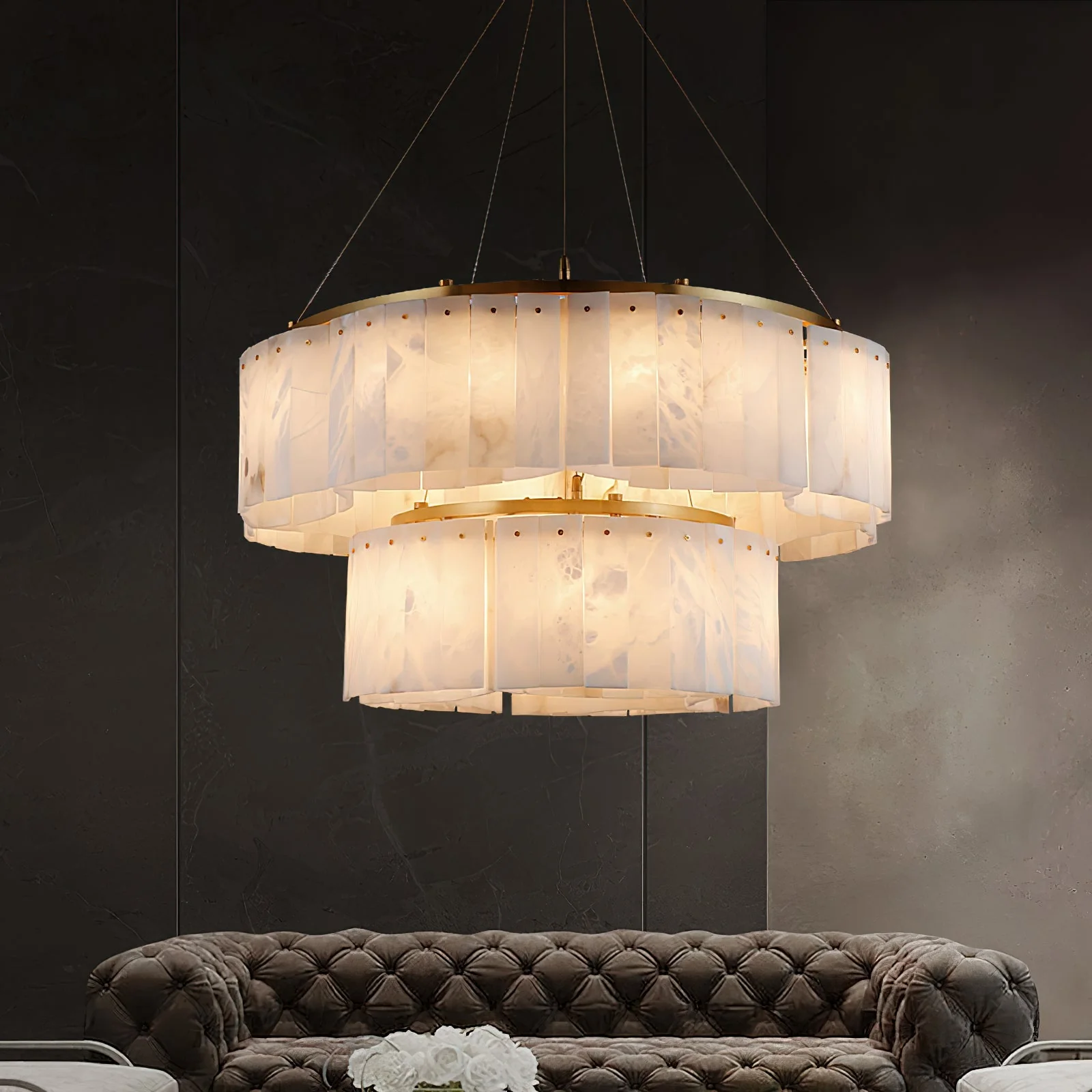Lysander Modern Two- Tier Alabaster Chandelier Lighting - Image 2