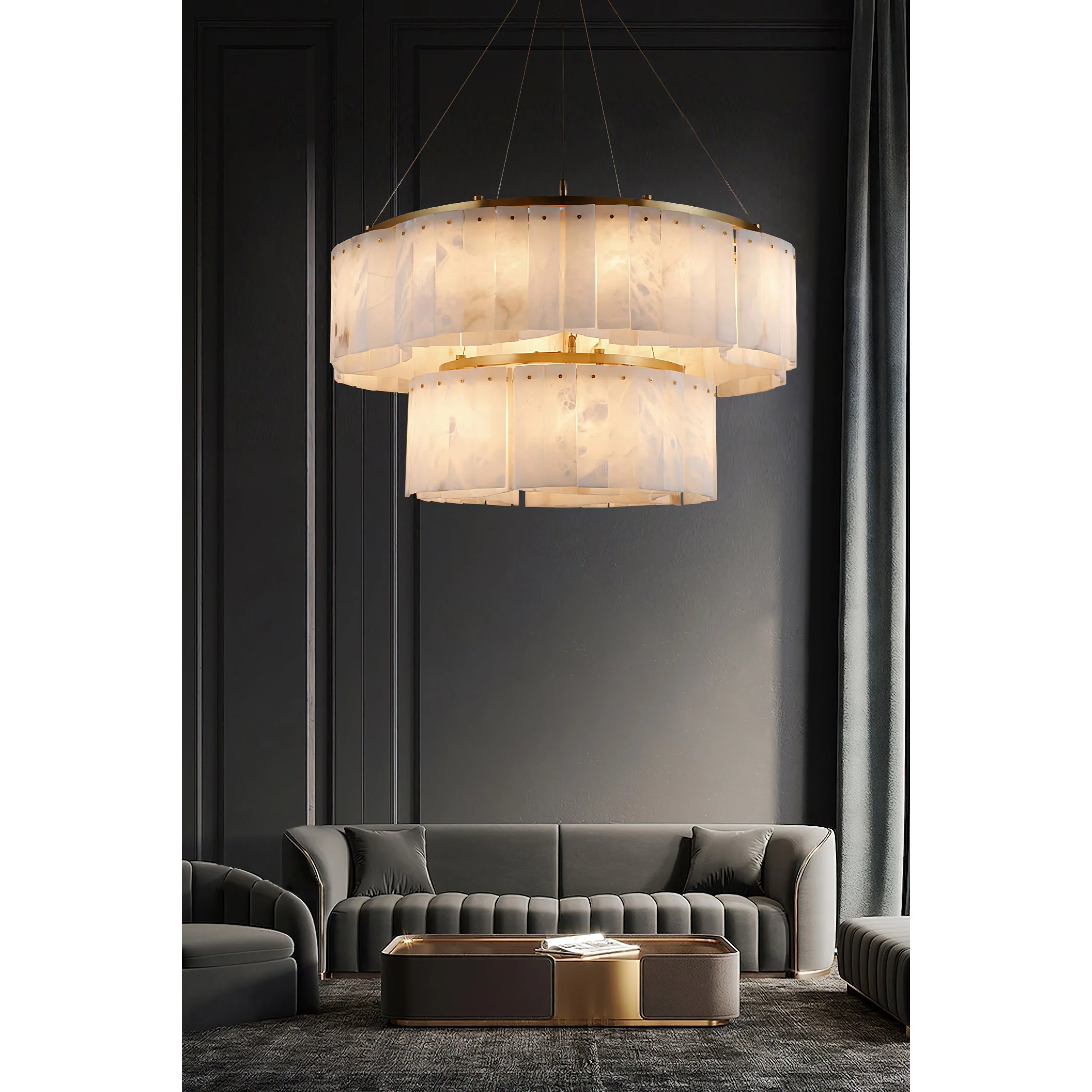 Lysander Modern Two- Tier Alabaster Chandelier Lighting - Image 7