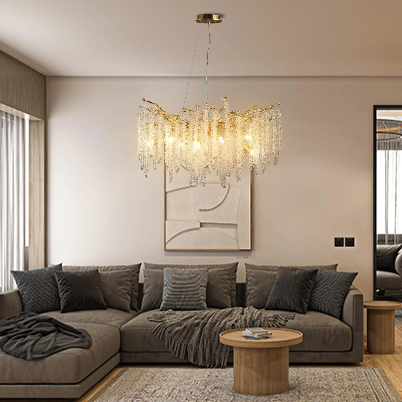 Modern Crystal Chandeliers for Dining Room,Gold Tree Branches Chandelier Lighting,Round Luxury High Ceiling Chandelier Light Fixture Hanging Pendant Light Fixtures-30 - Image 3